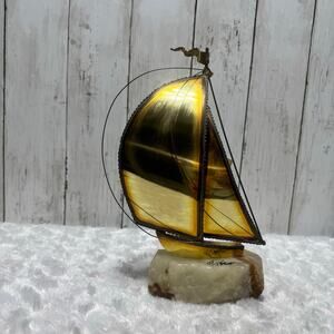 John Demott Brass Sailboat Figurine in Marble base. Signed vintage Mid Century